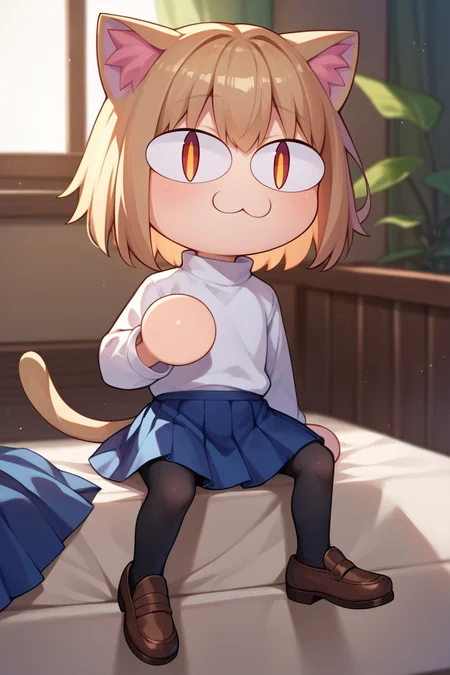 score_9, score_8_up, score_7_up, score_6_up, score_5_up, score_4_up, BREAK, solo, <lora:necoarc-guy-PONY-v1:.95>, necoarc, lit pupils, cat ears, chibi, :3, turtleneck, blue skirt, pleated skirt, pantyhose, brown footwear, indoors, sitting,