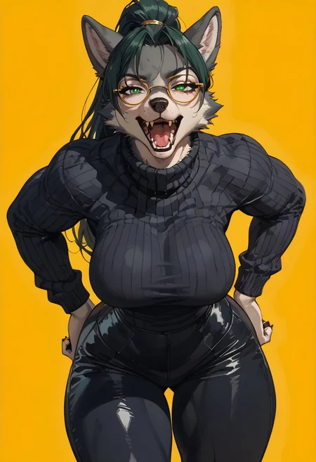 score_9, score_8_up, score_7_up, masterpiece, best quality, unique angle, close up, 1girl, source_furry, anthro, (furry:1.5), (((wolf female))), wearing ((black Turtleneck with long sleeves)) and ((Wide Leg Trousers)), glasses, ((bent over)), ((arms on neck):1.4, elbows squeezing boobs):1.4), half-closed eyes, (golden jewelry), long hair, ponytail, clear green eyes, (seducing viewer), perfect teeth, curvy, athletic, looking at viewer, female focus, posing, erotic pose, suggestive pose, open mouth, (bulging muscles:1.3), (pumped breasts:1.2), ((wide hips)), (thick thighs:1.25), long legs, voluptuous, (perfect ass), showcasing depth and dimension, abstract yellow background, b3b0p, flat color, dark theme, 2D,