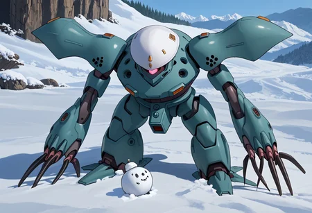 score_9, score_8_up, score_7_up, source_anime, front view, BREAK, ( hygogg, grey_hygogg_armor, black hygogg, pink monoeye, looking at viewer, leaning forward, long arms, very long arms, long claws) 1mech, grey mech, wide mech, large shoulders, large shoulder armor, mech focus, solo, BREAK, in snow, making snowman, wearing knit cap, waving, arm raised, two arms, suburban,