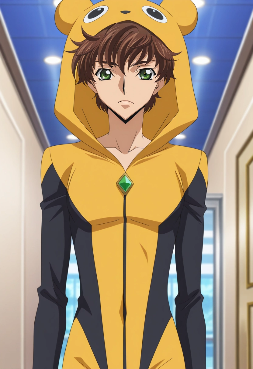 masterpiece, best quality, intricate details, anime screencap, , , , 1boy, solo, male focus, <lora:suzaku_kururugi_ilxl:0.96>, suzaku_kururugi, brown hair, green eyes, , , funny costume