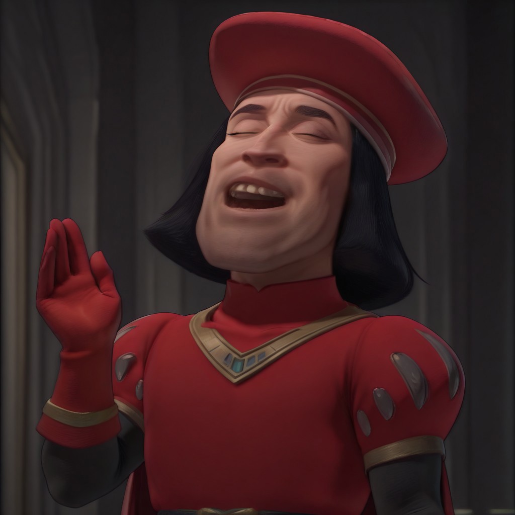 masterpiece, best quality, newest, absurdres, highres, anime, anime style, 1boy, Lord-Farquad-IL-base outfit, short hair, red gloves, black hair, beret, cape, gloves, hat, green eyes, red headwear, hat, black hair JJJlaughV1.1 laugh, head leaning back, open mouth, closed eyes, head leaned back, leaned back,