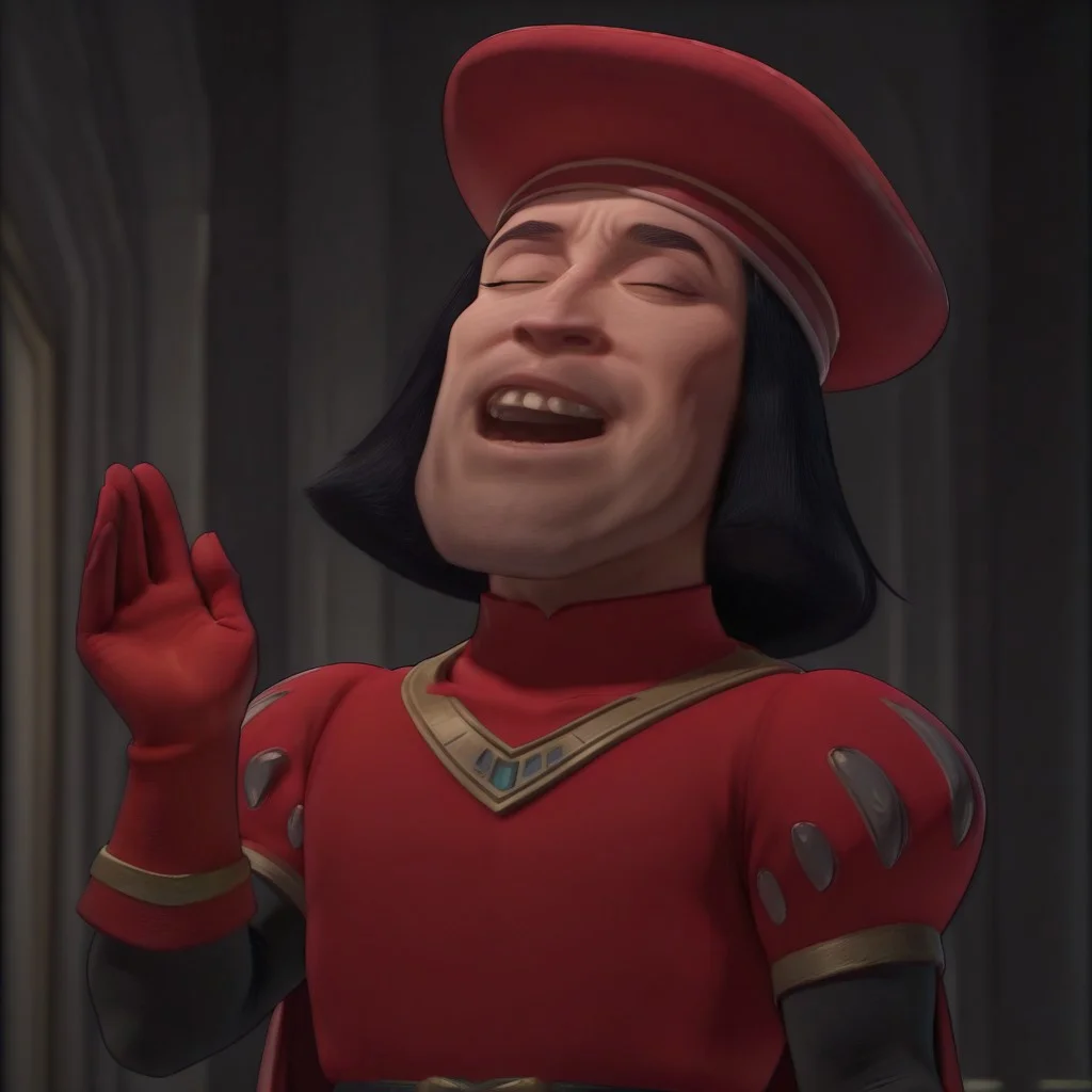 masterpiece, best quality, newest, absurdres, highres, anime, anime style, 1boy, Lord-Farquad-IL-base outfit, short hair, red gloves, black hair, beret, cape, gloves, hat, green eyes, red headwear, hat, black hair JJJlaughV1.1 laugh, head leaning back, open mouth, closed eyes, head leaned back, leaned back,