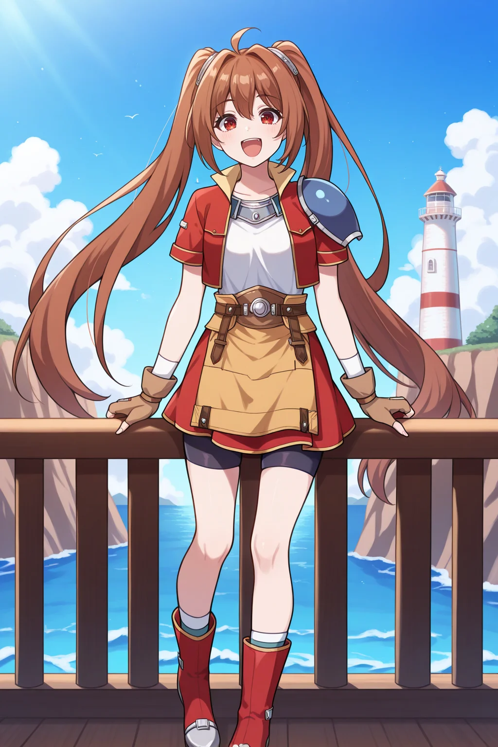 masterpiece, best quality, 1girl, solo  <lora:estellebright-illu-nvwls-v1-000005:1> fcEstl, brown hair, very long hair, ahoge, twintails, red eyes, red jacket, blue shoulder pad, single shoulder pad, white shirt, brown gloves, fingerless gloves, red skirt, waist apron, bike shorts, red boots, happy, excited, open mouth, railing, ocean, wide shot, blue sky, clouds, lighthouse, cliff, looking at viewer