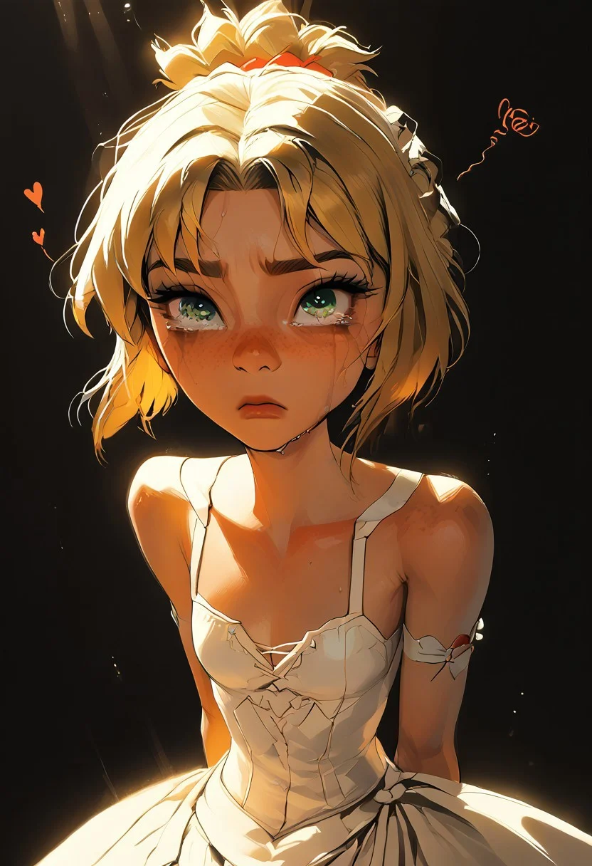 Source_anime, a woman, cute perfect face, (score_9, score_8_up, score_7_up), 1girl, 18 years old, petite, [shortstack], narrow waist, small hips, gorgeous girl ,kawai girl,  glitter makeup, oiled body, sweaty, blonde hair, short hair, ponytail, red scrunchie cute face, cute girl, looking at viewer, Expressiveh, 1girl. sweat, crying, ruined mascara, angry, sad, tears, looking at viewer, large and thin neck, thin, fit body, small ass, small waist, short hair small chest, wide eyes, green eyes, freckles, blonde hair, short hair, Ponytail, small perky breasts, flat chest, young face, kinky, adorable, petite, DB_Senya dress, wedding dress, round face, 18 years old, cutest girl in the world, cleavage, looking up, volumetric lighting, dramatic lighting, high contrast, horny, head tilted back, raw, depth of field, loving look, looking up, relaxed mouth, noises, sound effects, motion lines, action effects, hearts, floating hearts,(slim fit), , blurry background, light particles, ethereal, rating_explicit, dynamic angle, ncpy13 style, pastels drawing, dark background, motion lines, motion blur