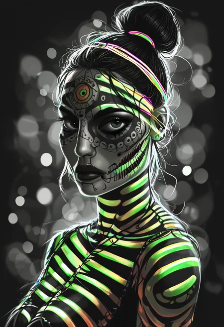 score_9, score_8_up, score_7_up, score_6_up, 1girl, (neon hair:1.3), hair bun, dia de los muertos face paint,big eyes, day of the dead makeup, dark eyeliner, (black and white face makeup:1.2), skeleton facepaint, detailed background, depth of field, eye smoke, busty, striped lighting, portrait, glow, pinup girl pose, sexy, alluring, bokeh blur, upper body, jewelry, skimpy outfit, s1_dram