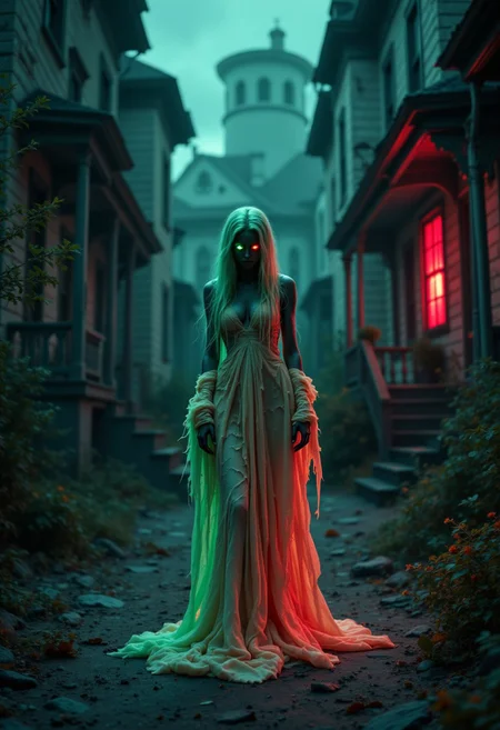 A spectral figure, its skin pale and translucent, stands amidst a decaying Victorian mansion. It wears a tattered gown that drips with an unnatural, phosphorescent ooze, and its eyes burn with an eerie, emerald green light. Its presence seems to chill the very air, making the shadows writhe and contort like liquid nightmare . Itas adorned with holographic symbols that shift in and out of focus, displayed with sparks of neon Peach and Dark, as if itas about to detonate in a flash of color. , aidmafluxpro1.1