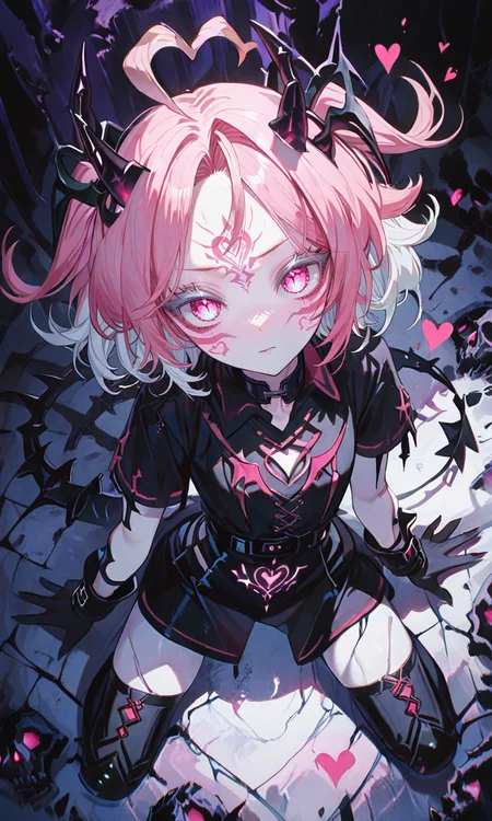 masterpiece,best quality,absurdres,very aesthetic,very awa,highres,newest,year 2024,year 2023,<lora:NLSTN-IL_1412568:1>,nlstn,glowing,dark,<lora:illustrious_quality_modifiers_masterpieces_v1_956369:0.7>,<lora:ponyv4_noob1_2_adamW-000017:0.7>,<lora:spo_sdxl_10ep_4k-data_lora_webui:0.6>,<lora:add-detail-xl:0.9>,<lora:KonyaKarasue-000008:0.4>,<lora:Isha_Illus_XL_1131795:0.6>,ishaILXL,heart ahoge,pink eyes,skinny,multicolored hair,white hair,pink hair,24 yo,24 year old girl,(white eyelashes:1.2),dynamic background,detailed,womb tattoo,dynamic_angle,flat chest,looking at viewer,facial mark,
A dark eerie digital high angle painting of a humanoid figure with a skull-like head black tattered clothing and sharp spikes on its back kneeling in a desolate white textured background,from above,