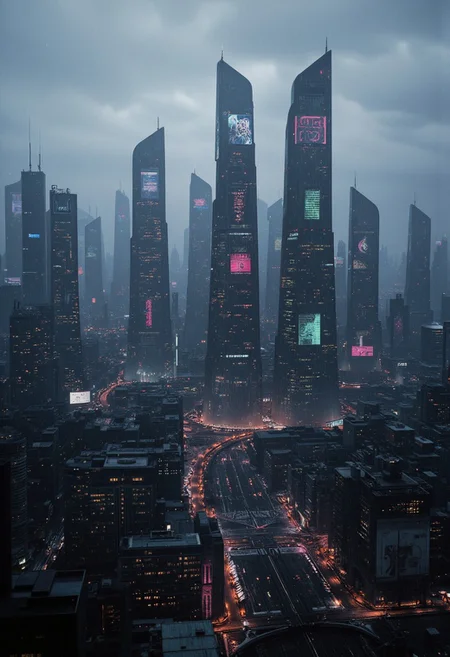 Blade Runner style, lith_mimosa_kiel_grw134_FLUX, From high above, the Blade Runner-inspired megacity sprawls beneath a thick layer of fog and rain, extending endlessly to the horizon. Towering skyscrapers with neon-lit façades pierce through the mist, their holographic billboards flickering in shades of pink, green, and electric blue. Streams of light weave through the streets like rivers of color, guiding automated vehicles along rain-slick roads far below. Massive, angular buildings rise and fall in chaotic clusters, each layer of the city adding to its dense, labyrinthine complexity. The air is heavy with pollution, creating a hazy glow that blurs the distant edges of the metropolis, where the city’s reach seems to dissolve into an endless sea of lights. As the neon glow blends with the rain-smeared atmosphere, it paints the entire landscape in a surreal, moody palette—a vision of a vast, technologically vibrant yet eerily lifeless world.