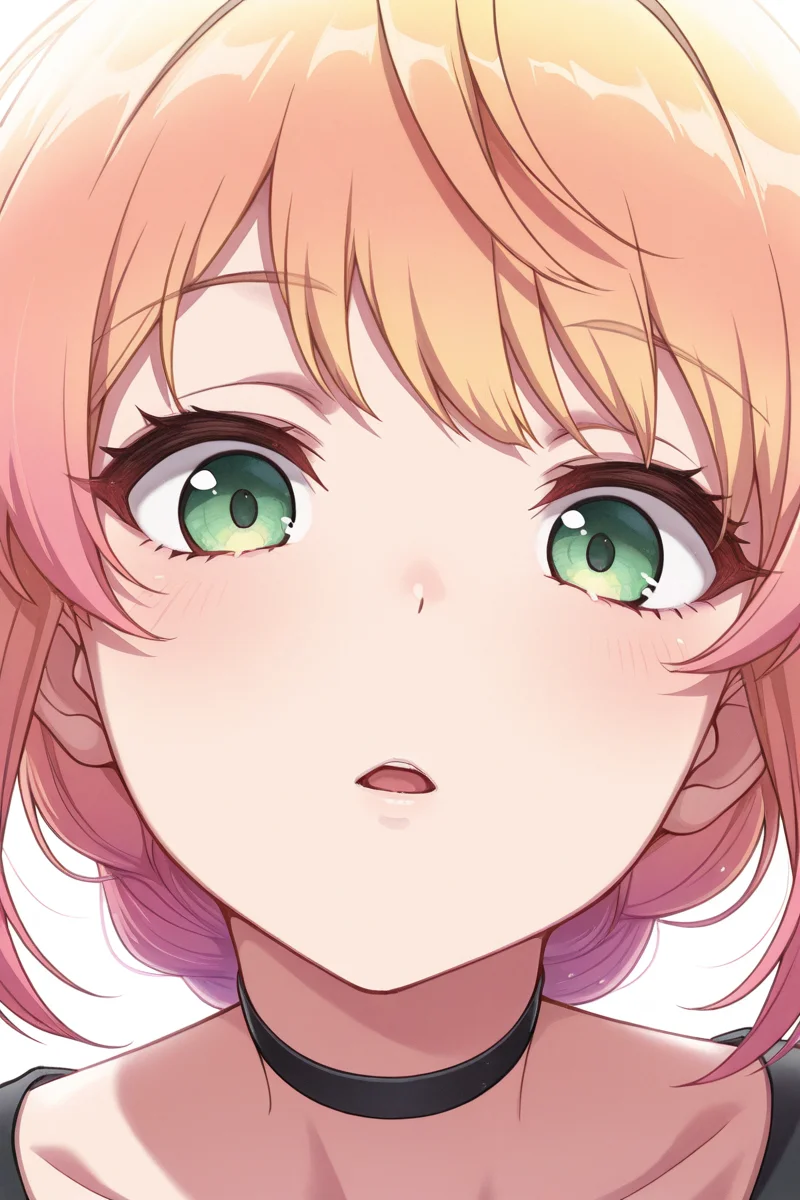 masterpiece, best quality, amazing quality,
<lora:Minku_IL:1> minku, 1girl, green eyes, solo, choker, looking at viewer, multicolored hair, pink hair, blonde hair, gradient hair, bangs, black choker, portrait, orange hair, parted lips, collarbone, open mouth