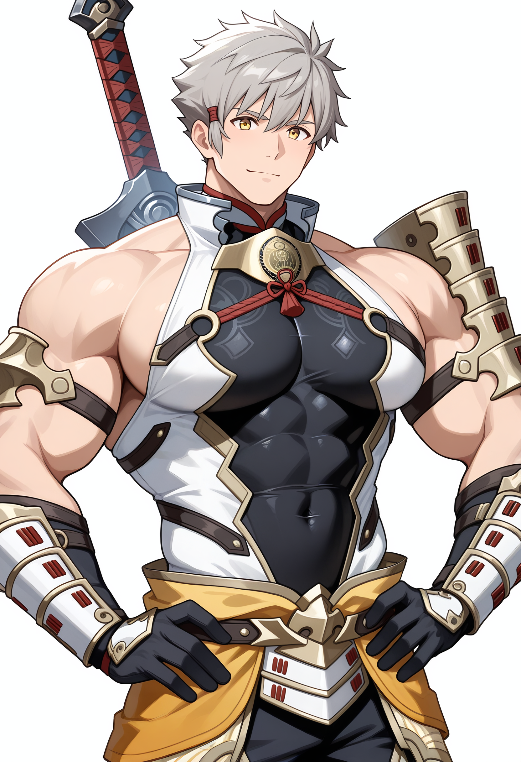 masterpiece, best quality, newest, absurdres, 1boy, male focus, solo, hand on own hip, sword, BREAK
<lora:Addam_Illustrious:1>, add4m_xc2, grey hair, yellow eyes, BREAK
muscular male, bodybuilder, large pectorals, (huge pectorals), hyper muscle, broad shoulders, hyper pectorals, small waist, BREAK
bare shoulders, armor, japanese armor, covered navel, pants, BREAK
manly, handsome, macho, hunk, masculine, anime, BREAK
simple background, white background