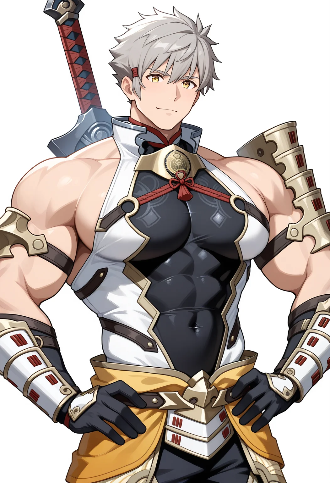 masterpiece, best quality, newest, absurdres, 1boy, male focus, solo, hand on own hip, sword, BREAK
<lora:Addam_Illustrious:1>, add4m_xc2, grey hair, yellow eyes, BREAK
muscular male, bodybuilder, large pectorals, (huge pectorals), hyper muscle, broad shoulders, hyper pectorals, small waist, BREAK
bare shoulders, armor, japanese armor, covered navel, pants, BREAK
manly, handsome, macho, hunk, masculine, anime, BREAK
simple background, white background