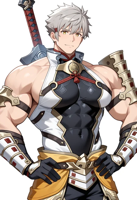 masterpiece, best quality, newest, absurdres, 1boy, male focus, solo, hand on own hip, sword, BREAK
<lora:Addam_Illustrious:1>, add4m_xc2, grey hair, yellow eyes, BREAK
muscular male, bodybuilder, large pectorals, (huge pectorals), hyper muscle, broad shoulders, hyper pectorals, small waist, BREAK
bare shoulders, armor, japanese armor, covered navel, pants, BREAK
manly, handsome, macho, hunk, masculine, anime, BREAK
simple background, white background