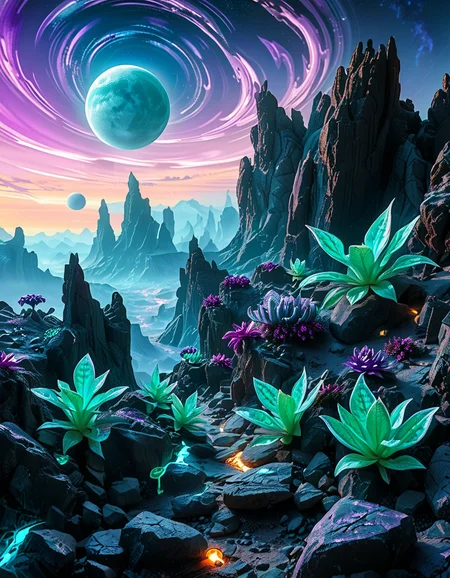 A breathtaking, high-resolution photograph of an alien planet with a surreal and otherworldly landscape. The sky is filled with two massive moons, casting an eerie glow over the terrain. Jagged rock formations, covered in bioluminescent moss, stretch across the horizon, glowing in shades of blue and purple. Strange, twisted plants with translucent leaves and pulsating veins grow from the cracked, iridescent soil. In the distance, towering crystalline mountains shimmer under the light of a distant red sun, their peaks enveloped in a misty, ethereal haze. The air is thick with floating luminescent spores, drifting like tiny fireflies. Rivers of liquid metal carve through the landscape, reflecting the vibrant alien sky. The atmosphere is a mix of neon blues, purples, and greens, creating a mesmerizing and futuristic scene, as if taken from the surface of a newly discovered exoplanet.
<lora:SDXLFaeTastic2400:0.4> <lora:extremely_detailed:0.4> extremely detailed,<lora:alien_pl4n3t:1>,alien pl4n3t