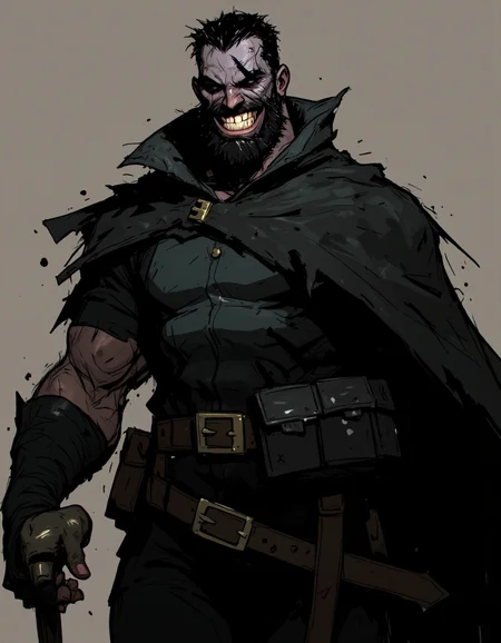 Ev Ganin style. This is a digital drawing in a dark, gritty comic style, featuring a muscular, imposing figure of a man with a rugged, bearded face. The man has a thick, dark beard and mustache, and his face is covered with a menacing grin, showcasing sharp teeth. His eyes are piercing, and he has a wild, untamed look. He sports a black, tattered cloak that drapes over his shoulders and arms, giving him a menacing appearance. <lora:Ev_Ganin:1.0>