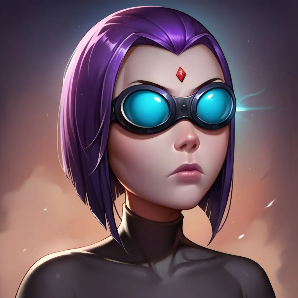 score_9, score_8_up, score_7_up, detailed illustration, realistic, solo, 1girl, facial focus,
ravendc, 1girl, solo, purple hair, bob hair cut, short hair, grey skin, 1 jewel in forehead, hypno-goggles, glowing blue lens, expressionless,