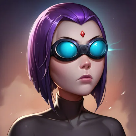 score_9, score_8_up, score_7_up, detailed illustration, realistic, solo, 1girl, facial focus,
ravendc, 1girl, solo, purple hair, bob hair cut, short hair, grey skin, 1 jewel in forehead, hypno-goggles, glowing blue lens, expressionless,