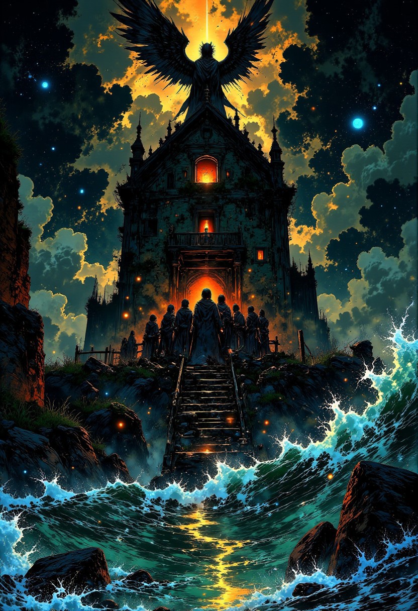 The Shattered Choir – Singers of the Void
"A ruined monastery stands on the edge of a black sea, where the waves churn with the faces of the drowned faithful. Inside, a choir of robed figures sings without mouths, their voices forming melodies that twist reality itself. The hymn seeps into the bones of those who listen too long, turning their veins to ink and their thoughts into prayers never spoken. The ceiling has collapsed, revealing a swirling cosmic rift above—something vast and winged is listening."