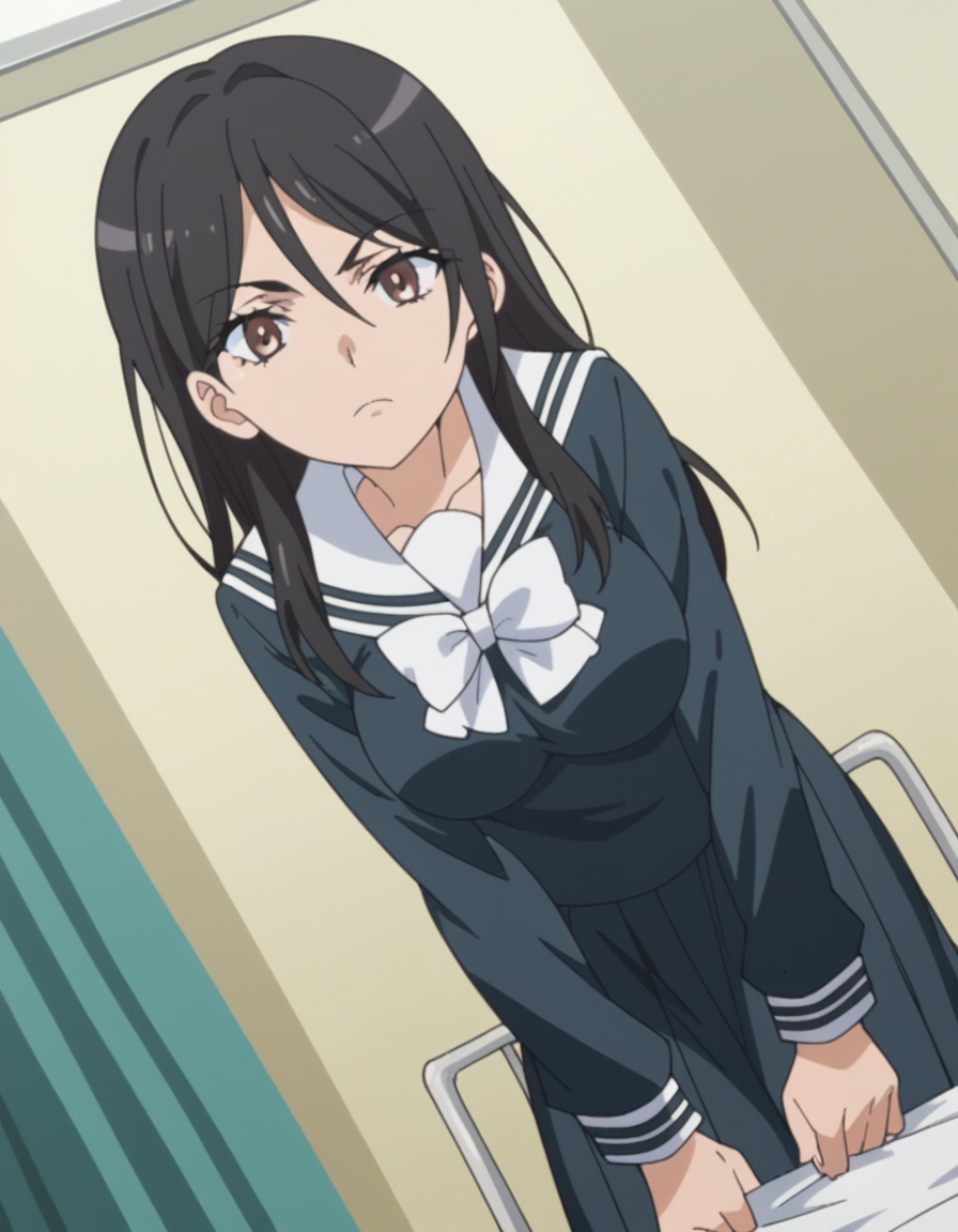 score_9, score_8_up, score_7_up, source_anime, <lora:seiri-fukiyose-indexs2-ponyxl-lora-nochekaiser:1>, seiri fukiyose, long hair, black hair, brown eyes, hair between eyes, anime screencap,, large breasts, skirt, school uniform, serafuku, black shirt, black skirt, long sleeves, white bowtie, white sailor collar, a certain high school uniform, hospital, beds, doctors, patients, medical, , leaning forward,, looking at viewer, solo,, dutch angle, cowboy shot