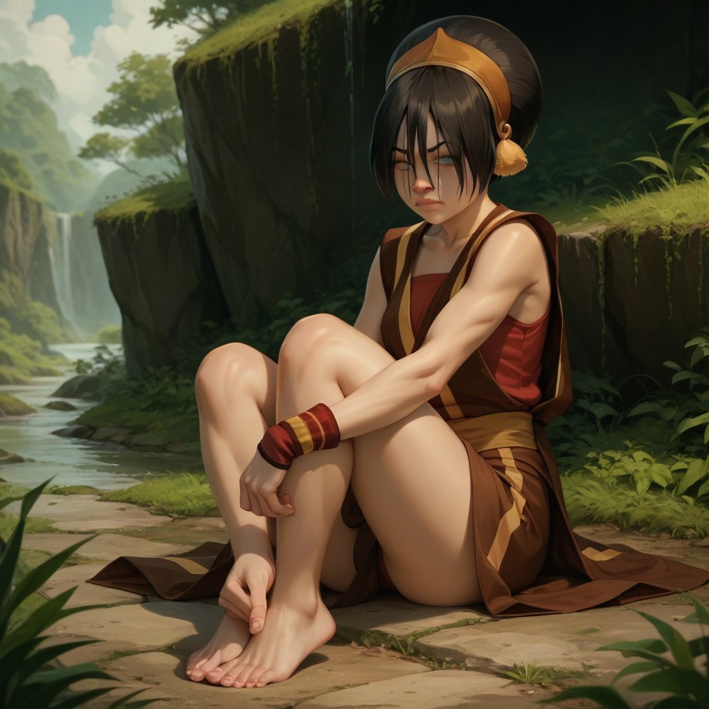 score_9, score_8_up, score_7_up, score_6_up, score_5_up, score_4_up, 1girl, Toph, blind, sitting on the ground, barefoot,