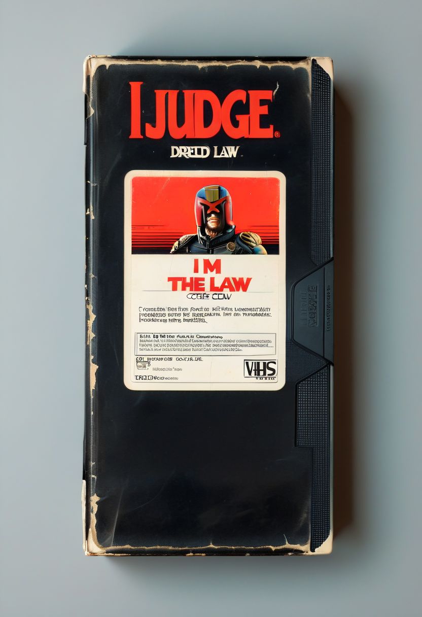 vhs-box, text focus, english text, "I AM THE LAW" text, vhs casette, retrowave, BREAK  judge dredd movie vhs box, jdgdrdd on the cover,  helmet, red eyes, coffee cup, military uniform, BREAK red stripes, sans serif font, retro, logo parody, vhs black case, E-180, logo parody, VHS, "COFFEE" text, handwriting, masking tape overlay, object focus, vhs tape
