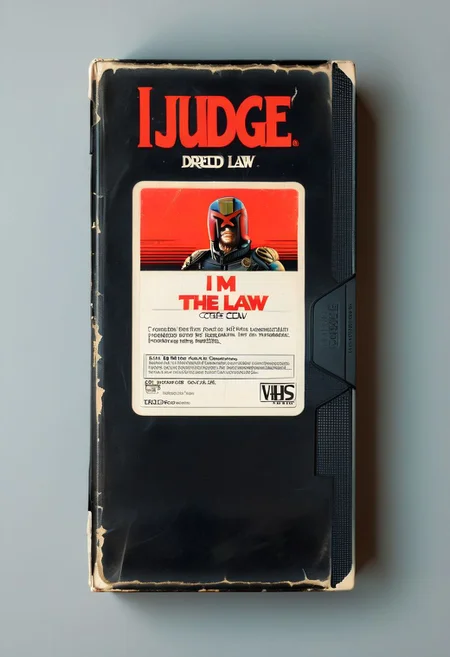 vhs-box, text focus, english text, "I AM THE LAW" text, vhs casette, retrowave, BREAK  judge dredd movie vhs box, jdgdrdd on the cover,  helmet, red eyes, coffee cup, military uniform, BREAK red stripes, sans serif font, retro, logo parody, vhs black case, E-180, logo parody, VHS, "COFFEE" text, handwriting, masking tape overlay, object focus, vhs tape