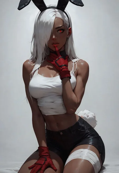 score_9, score_8_up, score_7_up,(digital art,best quality,beautiful detailed face),2.5D,
1 beautiful girl ,dark skin, Bunny ears,Long white hair, Red eyes,Hair covering one eye, White top, black shorts,Medium breast, Red gloves,Bandages on the arms,Bandages on the thighs
Wheat fields,