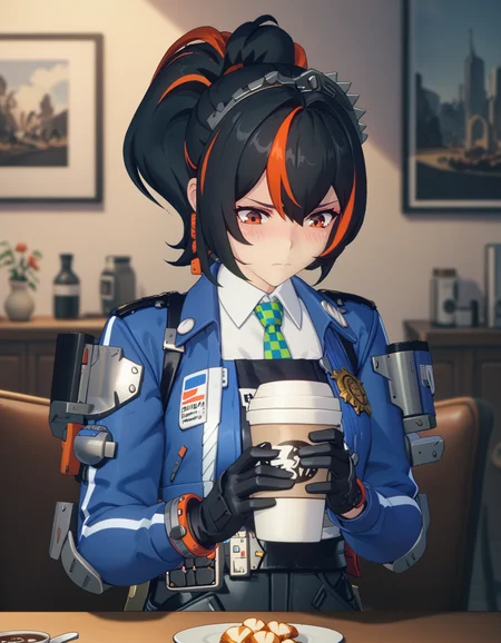 score_9, score_8_up, score_7_up, <lora:zzz-pack-v4-ponyxl:0.9> 1girl, solo, embarrassed, nervous, blush, frown, looking down, holding cup, coffee cup, table,
zhuyuan, ponytail, cropped jacket, collared shirt, green necktie, black gloves, belt,