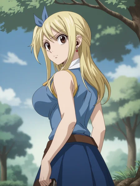 score_9, score_8_up, score_7_up, score_6_up, score_5_up, source_anime, smooth_anime,
Lucy_Heartfilia, 1girl, solo, brown_eyes, blonde_hair, ribbon, hair_ribbon, looking_at_viewer, long_hair, outdoors, jewelry, earrings, breasts, looking_back, sleeveless, blue_ribbon, skirt, shirt, tree, large_breasts, sleeveless_shirt, blue_skirt, day
 <lora:Fairy_Tail_V2.0:1>