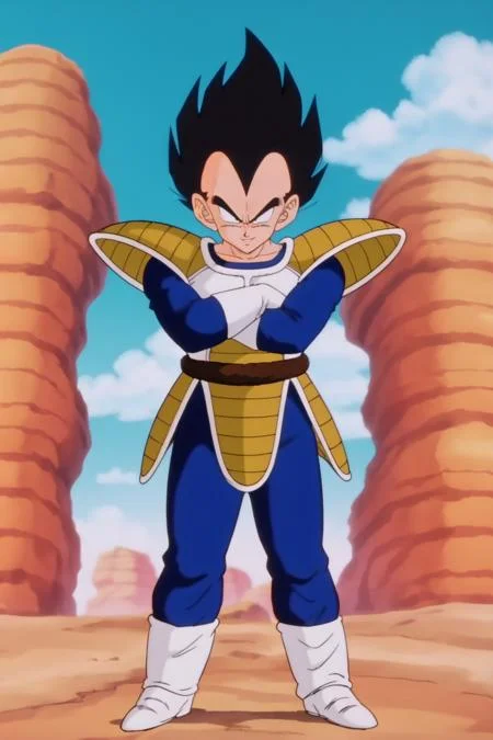 source_anime, score_9, score_8_up, score_7_up, anime screencap,8k, absurd res,
vegeta, solo, looking at viewer, smile, black hair, gloves, 1boy, standing, tail, full body, male focus, boots, wind lift, outdoors, sky, day, white gloves, armor, black eyes, crossed arms, white footwear, spiked hair, monkey tail, saiyan armor, v-shaped eyebrows, plate shielding, tail belt, blue bodysuit, 1990s \(style\), retro artstyle
<lora:vegeta_pony_v1:0.8>