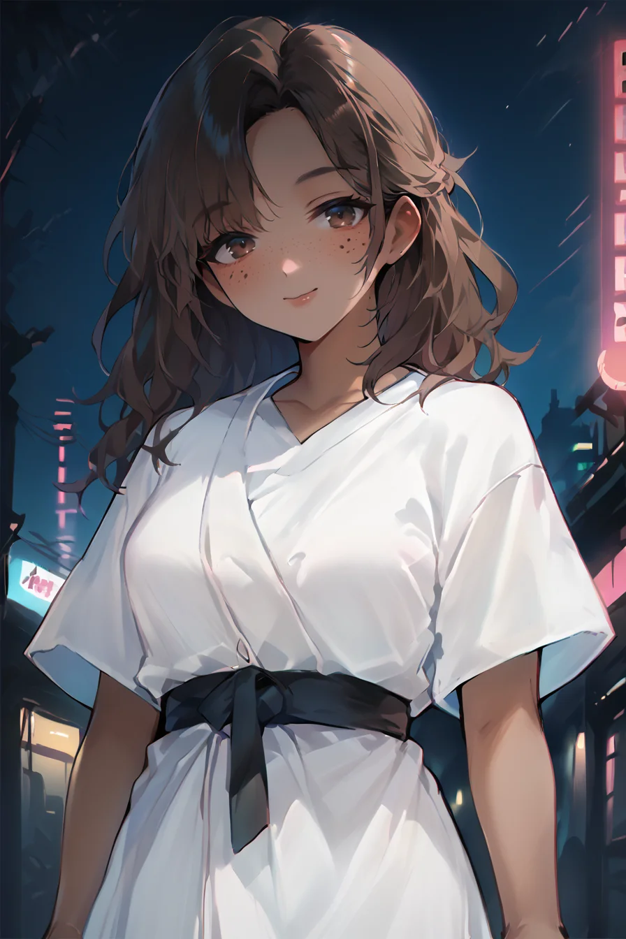 score_9, score_8_up, score_7_up, score_6_up, score_5_up, source anime, BREAK, (dark skin), brown hair, 1girl, solo, (freckles), (cowboy shot), castle town, outdoors, bare arms, looking at viewer, smile, closed mouth, blush, breasts, white robe, <lora:rong_hui:0.9> <lora:QUASARCAKEXLP6lokrV42310:0.55> <lora:RetroWave_PonyXL:1> , retrowave, neon lights, neon trim,