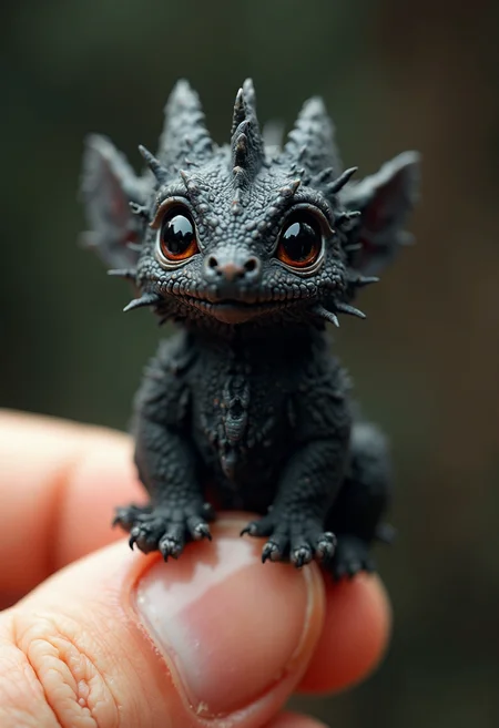 The tiniest and cutest fluffy creature The dragon sits on the tip of a finger, huge black ð, photorealism, beautiful, aesthetic, professional photo, realistic, high resolution, close-up, high detail