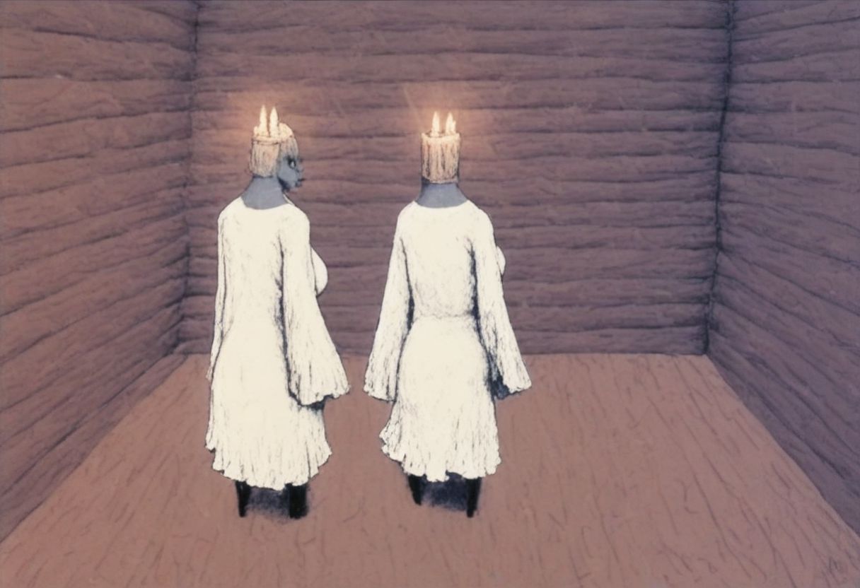 score_9, score_8_up, score_7_up, solo, (1girl:1.5), (female:1.5), big breasts, big ass, (hands:1.5), white robe, old cabin interior, sea storm background, window, candle, light beam, table standing, looking at viewer, full body, halo, rear view, (potets:1.6),