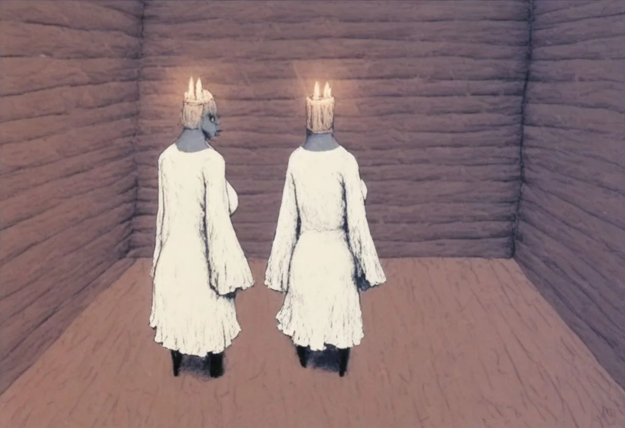 score_9, score_8_up, score_7_up, solo, (1girl:1.5), (female:1.5), big breasts, big ass, (hands:1.5), white robe, old cabin interior, sea storm background, window, candle, light beam, table standing, looking at viewer, full body, halo, rear view, (potets:1.6),