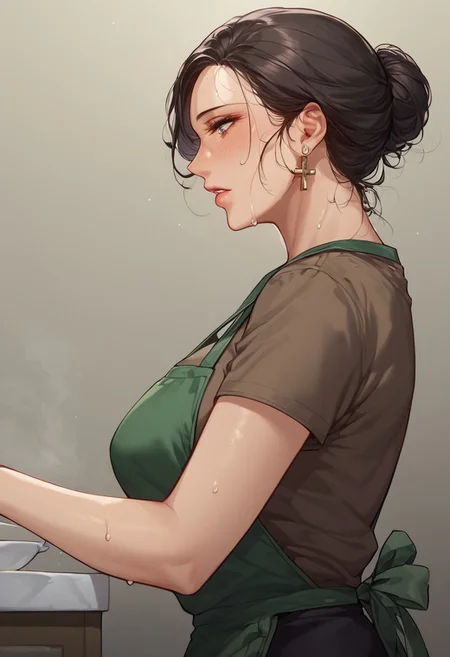 score_9, score_8_up, score_7_up,,Mrs Ahn aimee,dark theme, low light, expressive eyes,woman standing in kitchen,viewed from side,brunette woman, (She is wearing a  brown short sleeved top,dark skirt,a green apron, aprons straps are cross). Her dark hair is neatly styled in a bun, with a few loose strands framing her neck, brown top,dark skirt,slight curvy body,slight sweat on face,side view, woman looking down,Expressiveh
