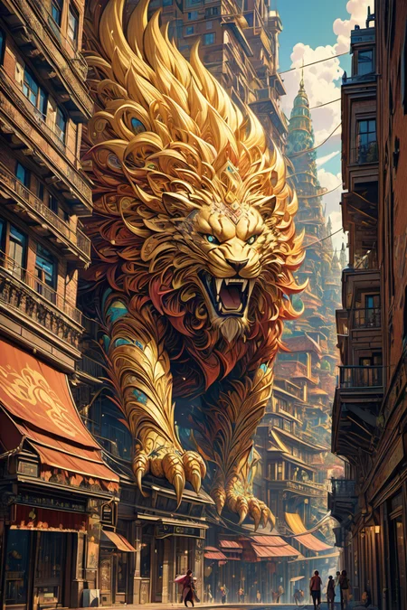 best quality,1girl,fractal art,A stunning Beast jump up between tall buildings inthe city,in the style of structured chaos,goldenpalette,unique yokai illustrations,cryengine,largescale murals,ornate complexity,vivid energy,masterpiece,<lora:add-detail-xl:0.6>,