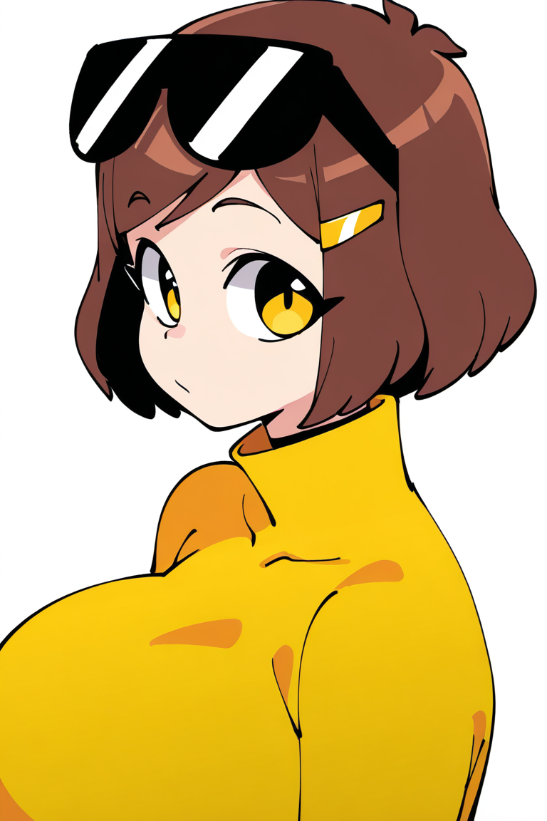 p, masterpiece, best quality, newest, absurdres, highres,1girl, misha, brown hair, short hair, yellow eyes, sunglasses, glasses on head, turtle neck, huge breasts, portrait, looking at viewer