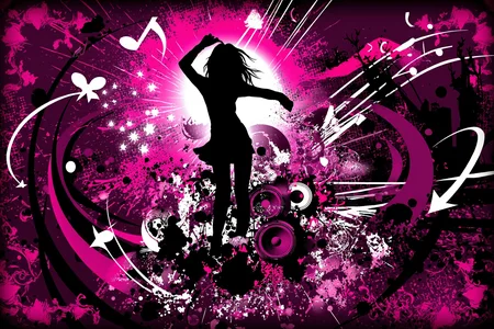 Silhouette of young woman, long flowing hair, standing in dynamic pose, one arm raised, layered against vibrant abstract background, swirling vector spirals, neon pink and purple color palette, black and white circular speaker-like shapes, scattered ink splashes, halftone dot patterns, glowing stars and sparkles, grunge textures across bottom edges, sharp arrow graphics cutting diagonally across frame, translucent bubbles and dots floating upward, curved music notes flowing from lower left to upper right, jagged white outlines around main silhouette, radial light bursts behind her head, layered over dark background with subtle city skyline silhouette, scattered floral motifs and wing shapes on edges, high contrast between foreground and background, strong sense of motion with curved vector lines