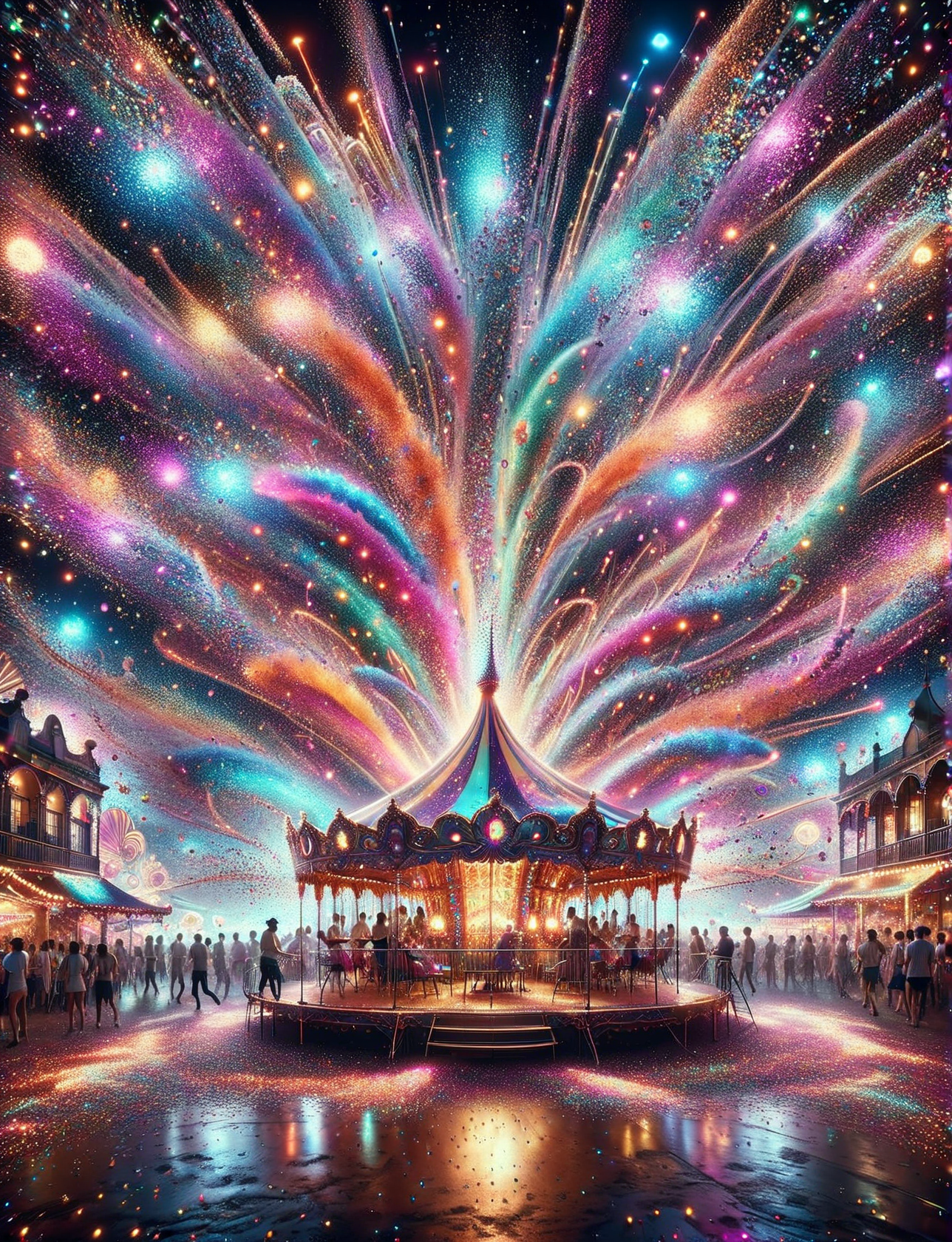 A ais-glttrbmb kaleidoscope of neon lights dancing across a lively carnival, with vintage carousels spinning and laughter filling the air <lora:ais-glttrbmb-sdxl:1>