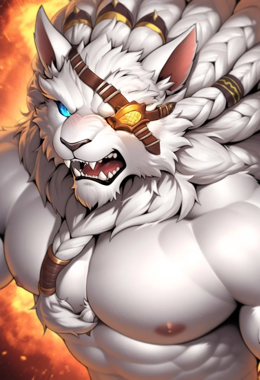 score_9, score_8_up, score_7_up,solo,Anthro,lion,rengar,white fur,muscular male,blue eye,eyepatch,upperbody,nudes
