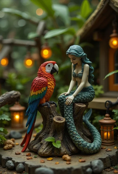 <lora:ck-plastic-models.safetensors:1> a diorama of a plastic model kit featuring
A vibrant parrot statue with rainbow feathers perches on a weathered tree stump beside a mythical mermaid sculpture. The scene is set amidst lush greenery and warm golden light from lanterns, creating an enchanted atmosphere reminiscent of a fantasy tale. Intricate textures and details abound in this fantastical world where reality blurs, drawing the viewer into its magical realm.