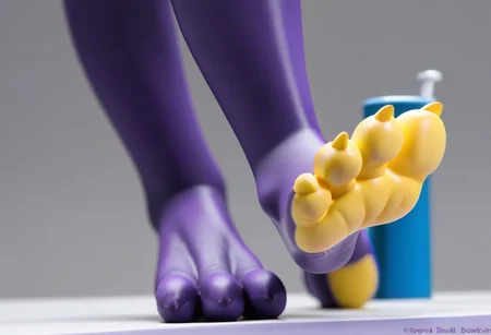 tox_amped, barefoot, purple feet, yellow soles, 3 toes, standing, foot focus, close-up