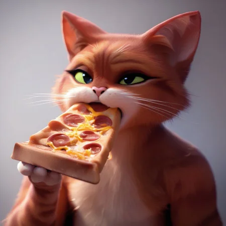 score_9_up, score_8_up, score_7_up, source_furry, puss in boots \(character\), cat. eating pizza