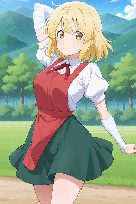 absurdres, highres, masterpiece, best quality, amazing quality, official anime artwork, screencap, anime screencap, outdoors, dynamic pose, 
 <lora:Kana-Anaberal_Illustrious:1> kana anaberal, 1girl, solo, yellow eyes, blonde hair, short hair, sidelocks, medium breasts,, alternate costume, pink rose, white shirt, red tabard, puffy short sleeves, bandages, green skirt,