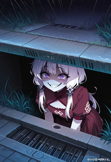 masterpiece, best quality, amazing quality,, <lora:CivChan_Illustrious:0.9> quality: masterpiece, extremely aesthetic, highly detailed, vibrant colors, vivid colors, saturated, crazy smile, <lora:pennywise-in-the-sewer-ponyxl-lora-nochekaiser:1>, pennywise in the sewer, pennywise in the sewer (meme), storm drain, sewer grate, grate, sewer, meme, concrete, grass, sidewalk,, <lora:evil-grin-ponyxl-lora-nochekaiser:1>, evil grin, evil smile, grin, evil eyes, crazy eyes, teeth, shaded face,,, , cowboy shot, solo