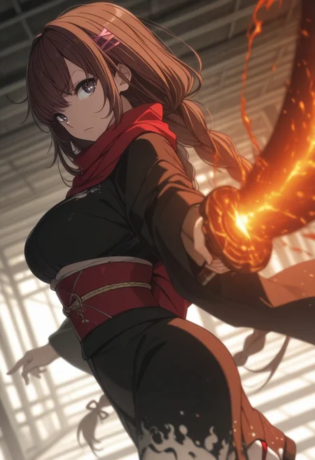 incredibly absurdres, highres, masterpiece, newest, best quality, high quality, 8K, HDR, 4ur4_illu, shiny, eye_focus, OregairuStyle
(Girl:0.0), 1girl, solo, cute, attractive, brown hair, long hair, worn in two braids, bangs, pink hairclips, grey eyes, ultra-detailed anime eyes, swirling flames inside irises, celestial reflections, galaxy-like pupils, round eyes, breasts, Meguri Shiromeguri
 \(Oregairu\), kimono, large breasts, black kimono, long sleeves, wide sleeves, obi, sash, long white leggings, sandals, red scarf, 
(Pose:0.0), ((looking at viewer)), aiming sword at viewer,
(Emotion:0.0) serious, closed mouth,
(Scene:0.0), from side, cowboy shot, limited palette, dynamic action, blurry, depth of field, dynamic pose, dynamic composition, dutch angle, depth of field, white_theme, detailed backgroud, foreshortening, blurry edges,