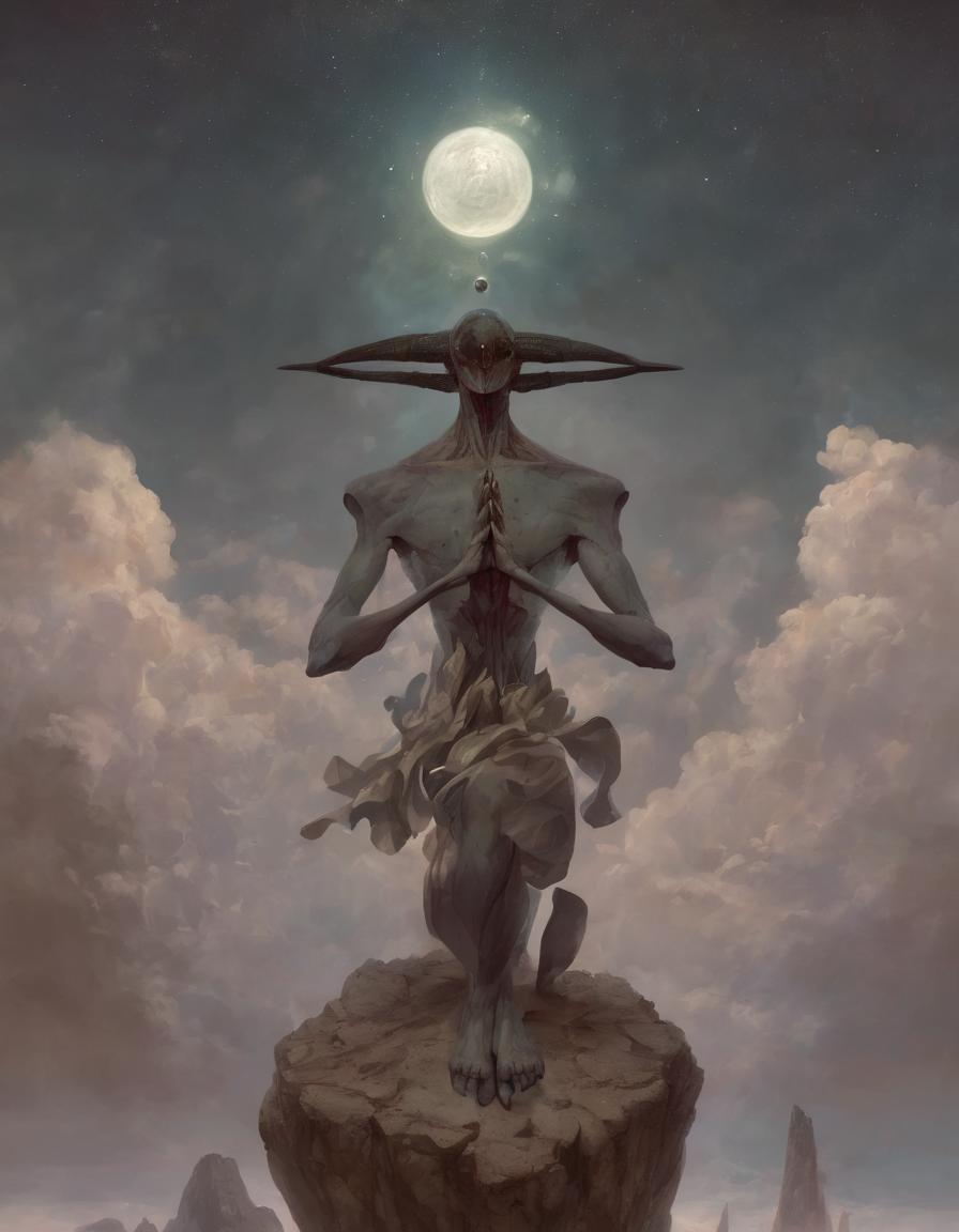 <lora:ptm0-000007:0.8>ptm0 a painting of a man with a head made out of a half moon three pointed stone with floating orbs levitating around him pressing his palms together with thin insect like body made out of thin flexible rocks, muted colors, light shining from behind, abstract, surreal, beksinkski, horror, dark art,  floating in the air, Bastien L. Deharme, magic the gathering artwork, an ultrafine detailed painting, altermodern