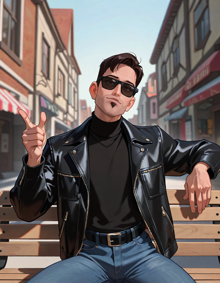 masterpiece, best quality, absurdres, newest, perfect quality, best quality, male focus, solo, 2d, cartoon, <lora:The Iron Giant - Dean McCoppin - Illustrious:0.7>, dmccoppin, 1boy, black hair, short hair, stubble, goatee, brown eyes, head tilt, looking at viewer, contrapposto, black turtleneck, jeans, black belt, outdoors, town, buildings, shops, black jacket, sitting, on bench, sunglasses, finger gun towards viewer