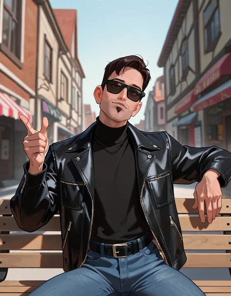 masterpiece, best quality, absurdres, newest, perfect quality, best quality, male focus, solo, 2d, cartoon, <lora:The Iron Giant - Dean McCoppin - Illustrious:0.7>, dmccoppin, 1boy, black hair, short hair, stubble, goatee, brown eyes, head tilt, looking at viewer, contrapposto, black turtleneck, jeans, black belt, outdoors, town, buildings, shops, black jacket, sitting, on bench, sunglasses, finger gun towards viewer