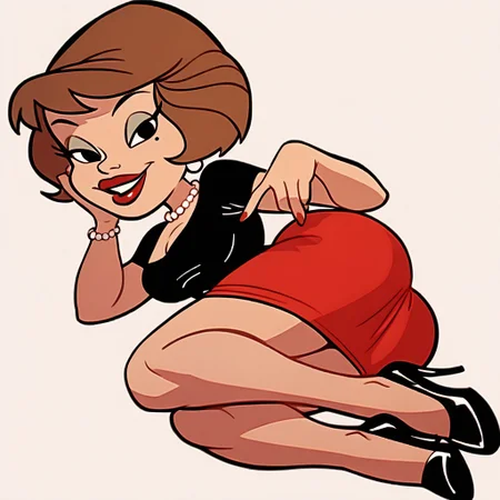 score_9, score_8_up, score_7_up BREAK YayitaC, 1girl, brown hair, black eyes, beauty mark, lipstick, dress, high-heeled shoes, cartoon, happy look, source_cartoon, smiling at viewer,