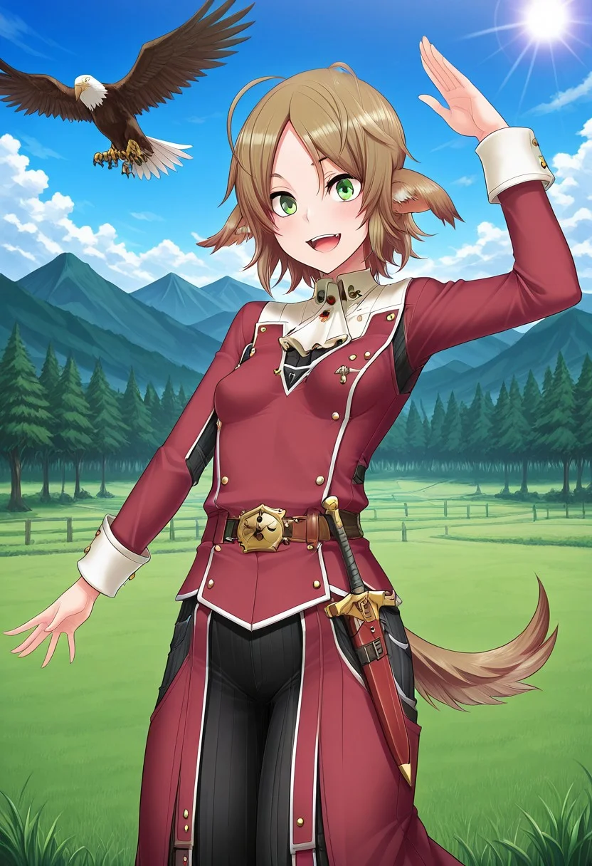 (1girl, solo) noa riads, animal ears, Green Eyes, tail, brown hair, short hair, Pretty eyes, , 1girl, solo,, brown hair,, fluffy tail, ahoge, animal ears, dog ears, small breasts, swept bangs , green eyes, animal ears, tail, , ,
Eye focus , shiny skin, shiny body, shiny hair, (best quality) , (highly detailed) ,((masterpiece)), ((best quality)), (ultra-detailed), ((extremely detailed)), (high resolution), 4K, (8K), best quality, (beautiful), (dynamic lighting), (super detailed skin), sharp focus,detailed eyes、detailed face and detailed skin detailed eyes、detailed face and detailed skin,  , clear skin, shiny hair, ultra detailed eyes, depth of field, sharp, intricate details, hyperdetailed, , 
, best quality, (beautiful), (dynamic lighting) motion lines, goggles white collared shirt Chokha,Caucasus clothes,,wearing red Chokha, solo, male focus, solo, mountain,tree,sun,Flying Eagle,meadow,cloudy sky,blue sky, day,standing, long sleeves, dancing, fighting stance, red Long sleeves,long hem,belt,knife,weapon,bullet clip-like decorations on both sides of the chest , one arm up
  ,, shindol style